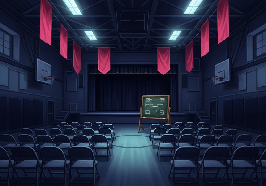 An empty school gym set up for a community event: rows of folding chairs facing a stage, a chalkboard on an easel showing a tournament bracket diagram, magenta banners hanging from the rafters.