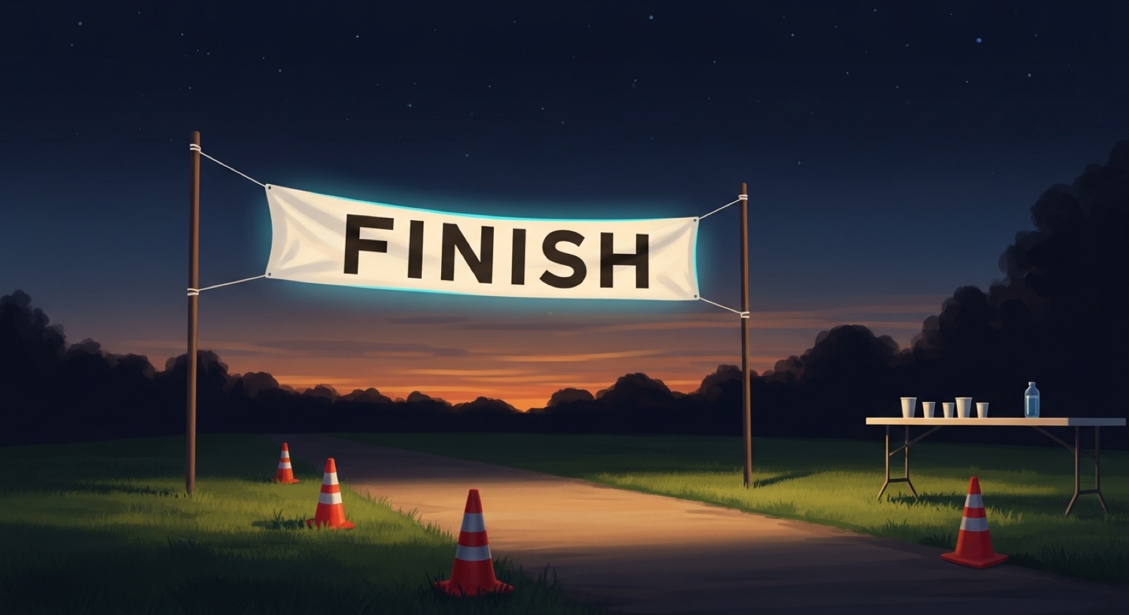 A glowing finish-line banner stretched across a quiet park path at dusk, with traffic cones and a small water table beside it.