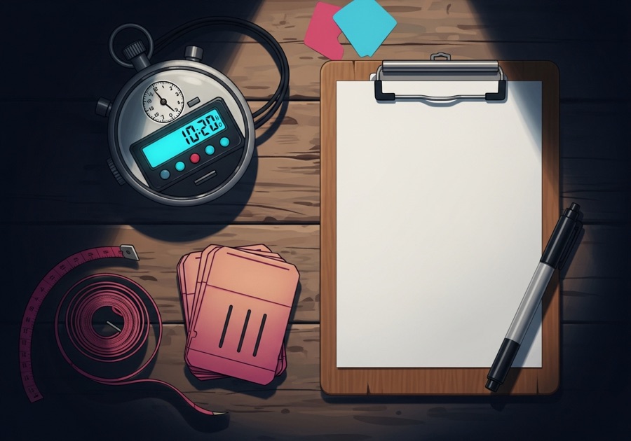 Top-down flatlay of race-day organizer gear on a wooden table: a stopwatch with a glowing cyan readout, a clipboard, a stack of pink race bibs, a measuring tape, and a marker.